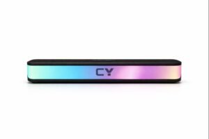 CYOMI Aqua 798 RGB soundbar with colorful LED lights on wooden table, slim wireless soundbar for TV, laptop and desktop use